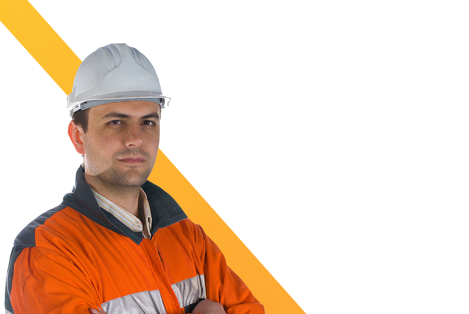 Mine worker wearing a high visibility orange shirt and white hard hat.